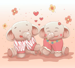 cute elephant's couple love each other. vector hand drawn cartoon art style