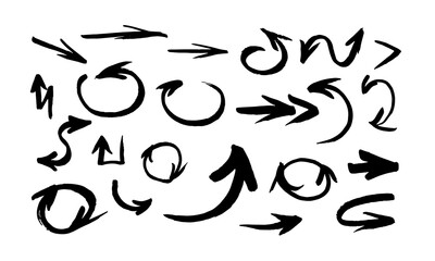 Vector images of black arrows and pointers on a white background in calligraphic style. Set