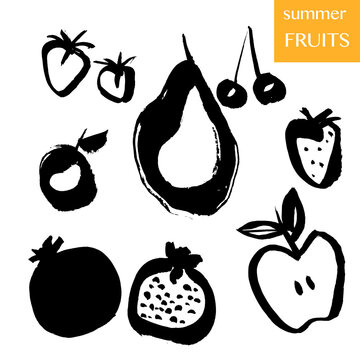 Set of vector images of summer fruits and berries on a white background. Calligraphic style