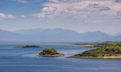 Obraz premium Little islands with wild vegetation and no people with a mountain background, water reservoir of a dam called Embalse Cabra Corral, Salta, Argentina. One of the biggest of the kind in the province.