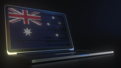 Flag of Australia made with computer code on the laptop screen. Hacking or cybersecurity related 3d animation - Powered by Adobe