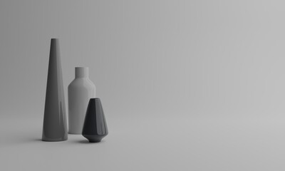 3D rendering, three vases on a white background of different sizes, shapes and colors
