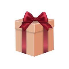 Beige gift in realistic style. With a red bow. White background. Celebration and relaxation. A beautiful present. Discounts and sales. Nice feeling.
