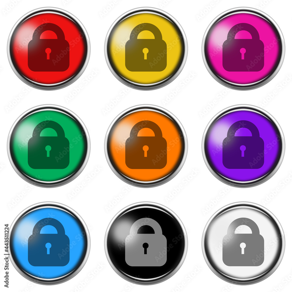 Poster lock sign button icon set isolated on white with clipping path 3d illustration