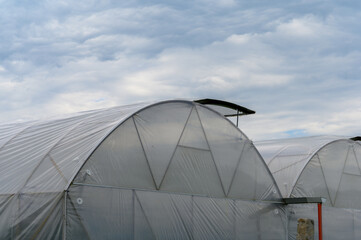 Greenhouses in Ukraine against the sky with clouds.