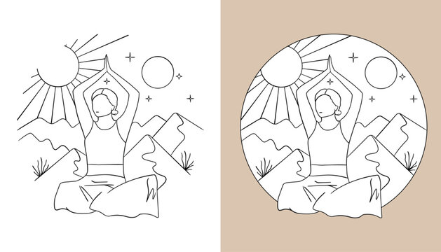 Woman meditating on the mountain background. 2 yoga illustrations: illustration  in the circle and illustration  on the white background. Vector yoga illustrations