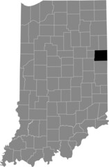 Black highlighted location map of the Hoosier Jay County inside gray map of the Federal State of Indiana, USA
