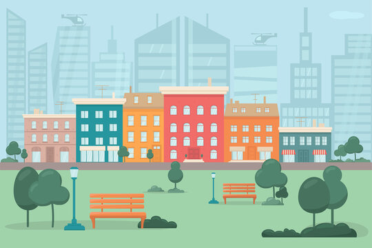 Urban park, city downtown with skyscrapers view. Small street with houses, shops, offices. Background for animation advertising real estate or building concept. Vector stock illustration. 