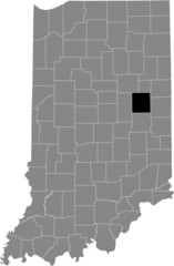 Black highlighted location map of the Hoosier Delaware County inside gray map of the Federal State of Indiana, USA