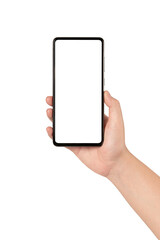 Woman hand holding smartphone with blank screen isolated