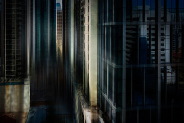 Abstract motion blur city skyscrapers. Background graphic.