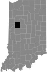 Black highlighted location map of the Hoosier Tippecanoe County inside gray map of the Federal State of Indiana, USA