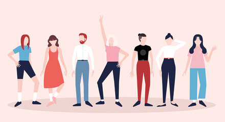 Diverse group of people on pink background Vector illustration in flat design Simple characters of young and adult men and women in different poses standing together