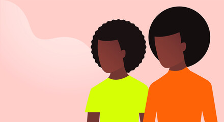 Friends Vector illustration in flat design with copy space Two young black people in bright clothes on wavy pink background