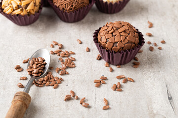 Typical brazilian brigadeiros, assorted flavors with chocolate sprinkles