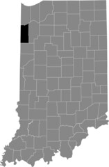 Black highlighted location map of the Hoosier Newton County inside gray map of the Federal State of Indiana, USA