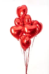 Poster Air Balloon Set. Bunch of red color heart shaped foil balloons isolated on white background. Love. Holiday celebration. Valentine's Day party decoration. Metallic red color Heart air balls. © mehmet