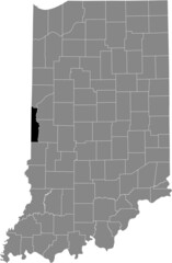 Black highlighted location map of the Hoosier Vermillion County inside gray map of the Federal State of Indiana, USA