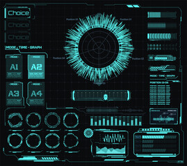 The future concept of a virtual touch user interface is cyberpunk in the style of HUD. A high-tech interactive screen with a control panel. Futuristic Hightech computer with graphs, data and buttons - obrazy, fototapety, plakaty