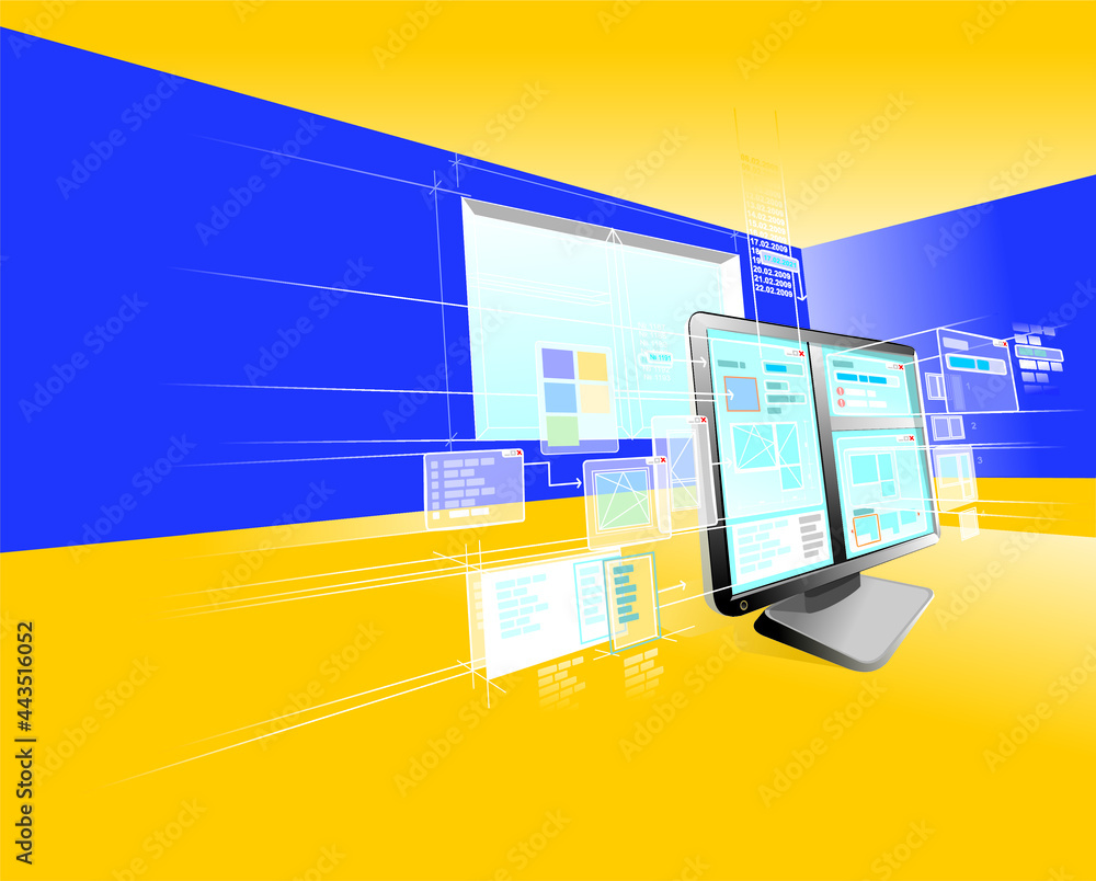 Fototapete modern computer engendering process concept with different windows flying from display screen as a p