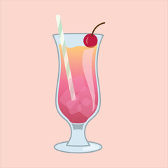 Pink cocktail vector with straw and ice cubes, with a cherry or berry on top. 