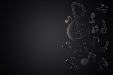 Black music notes of song melody flowing in the air on a dark background. Copy space for your text or article on the left. The concept of music and aesthetic rhythm. 3D illustration rendering.