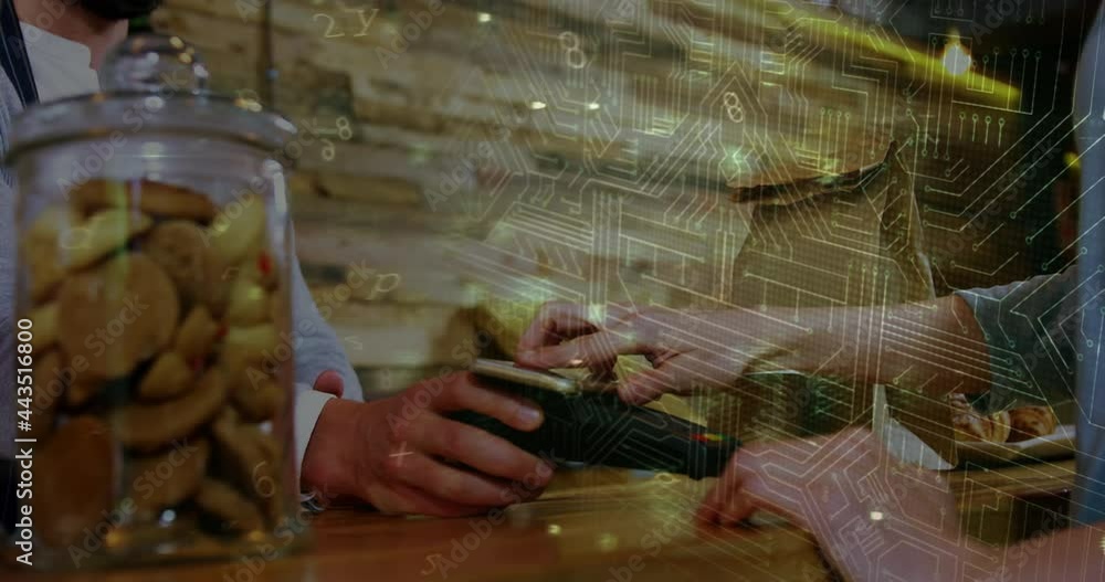 Poster animation of network security padlock over people using payment terminal