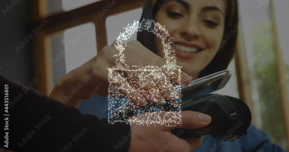 Aufkleber animation of network security padlock over people using payment terminal