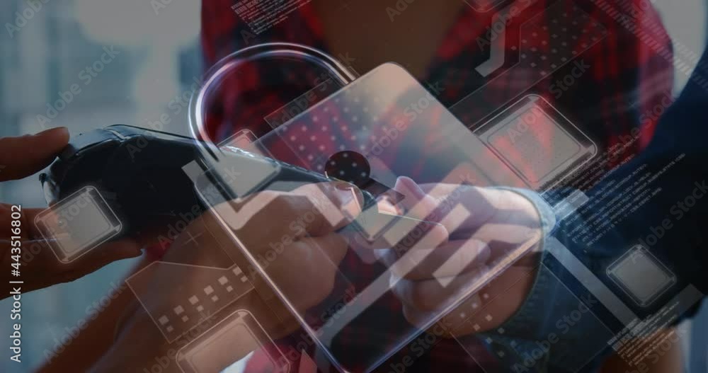 Poster animation of network security padlock over people using payment terminal