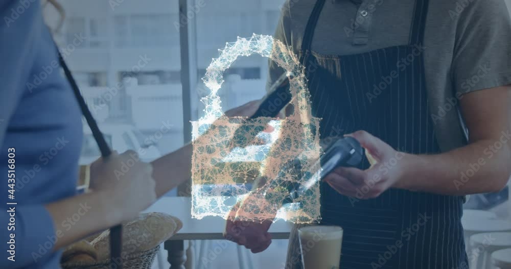 Aufkleber animation of network security padlock over people using payment terminal