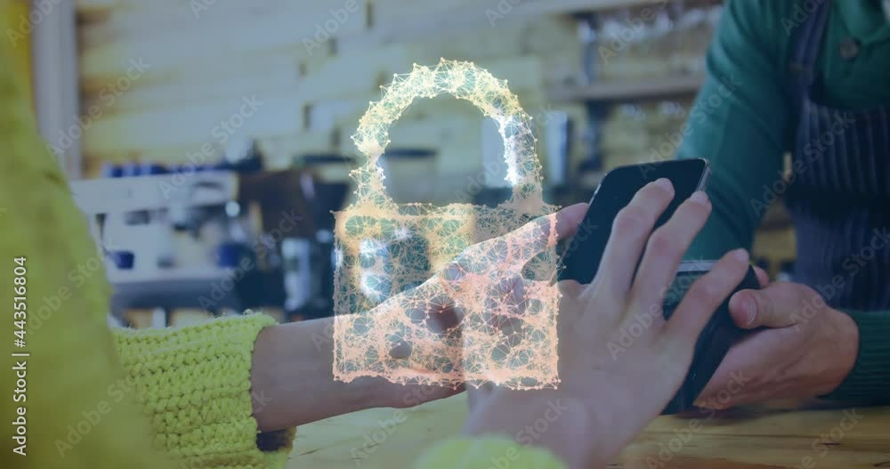 Aufkleber animation of network security padlock over people using payment terminal