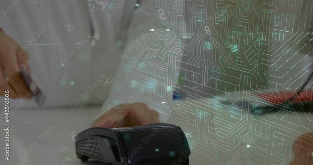 Poster animation of network security padlock over people using payment terminal