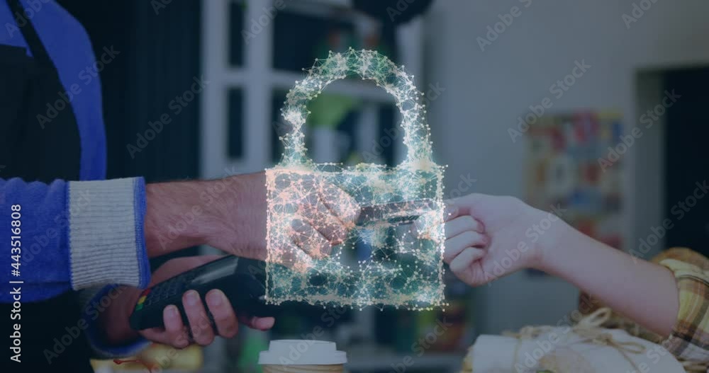 Poster animation of network security padlock over people using payment terminal