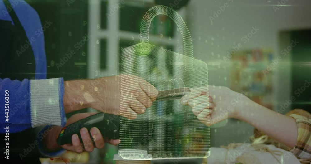 Aufkleber animation of network security padlock over people using payment terminal