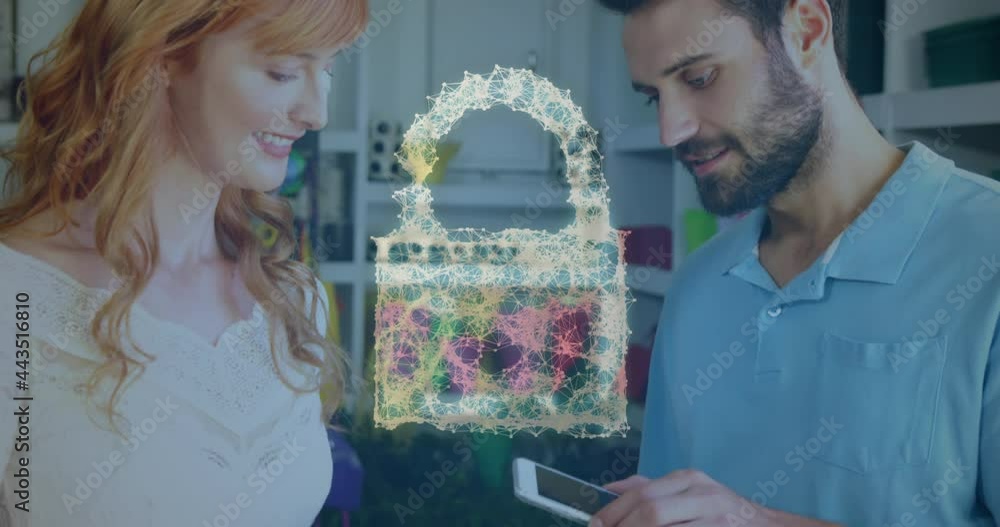 Poster animation of network security padlock over people using payment terminal