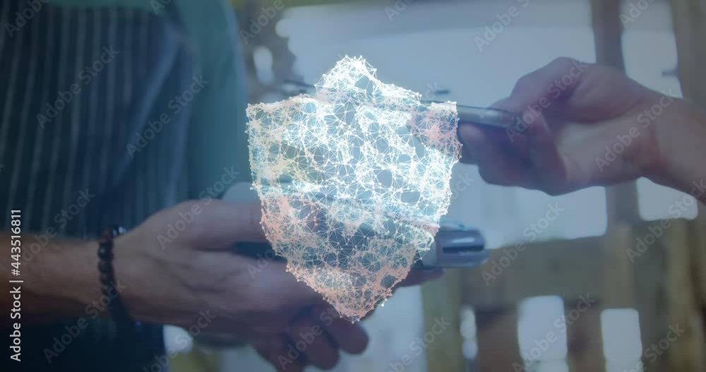 Poster animation of network of connections with security shield over people using payment terminal