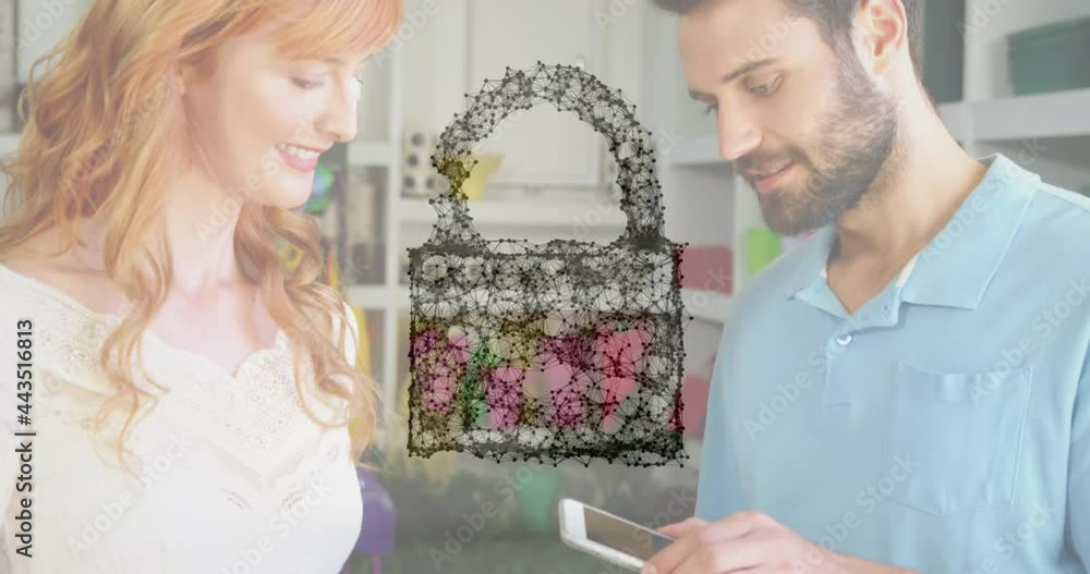 Aufkleber animation of network security padlock over people using payment terminal