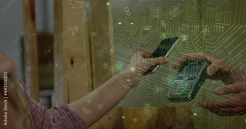 Poster animation of network security padlock over people using payment terminal