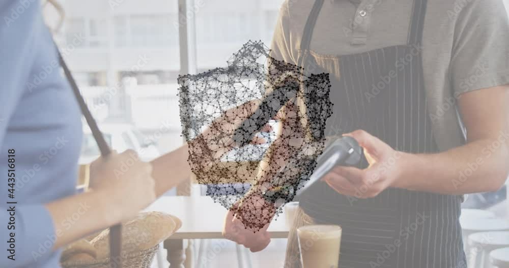 Poster animation of network of connections with security shield over people using payment terminal
