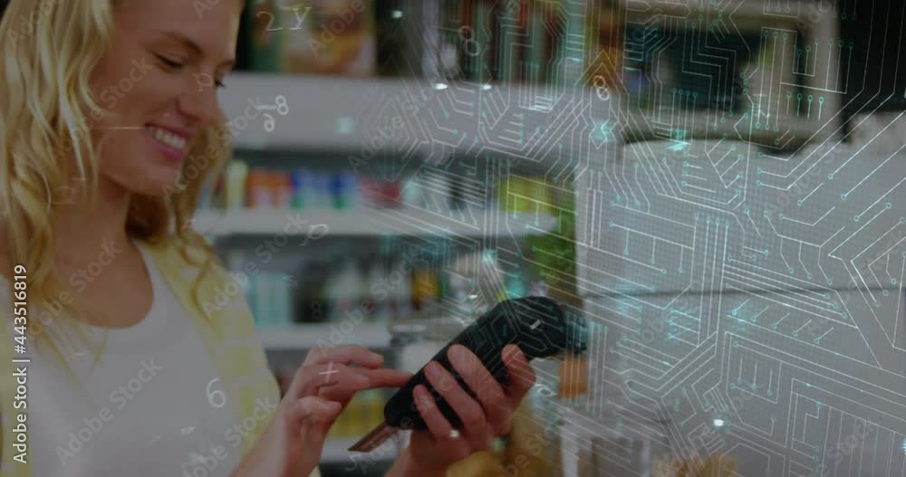 Poster animation of network security padlock over people using payment terminal
