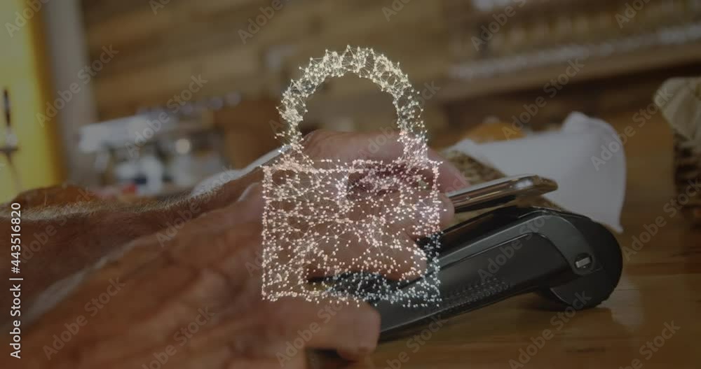 Aufkleber animation of network security padlock over people using payment terminal