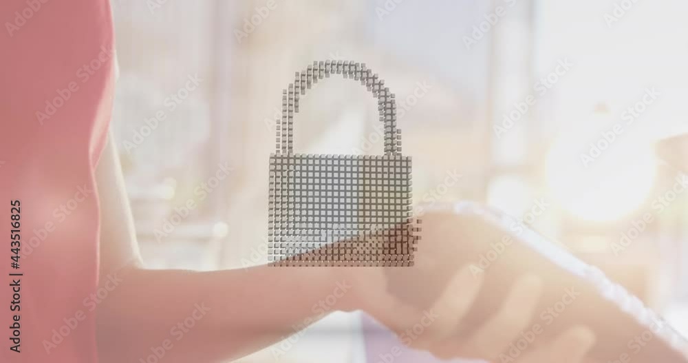 Poster animation of network security padlock over people using payment terminal