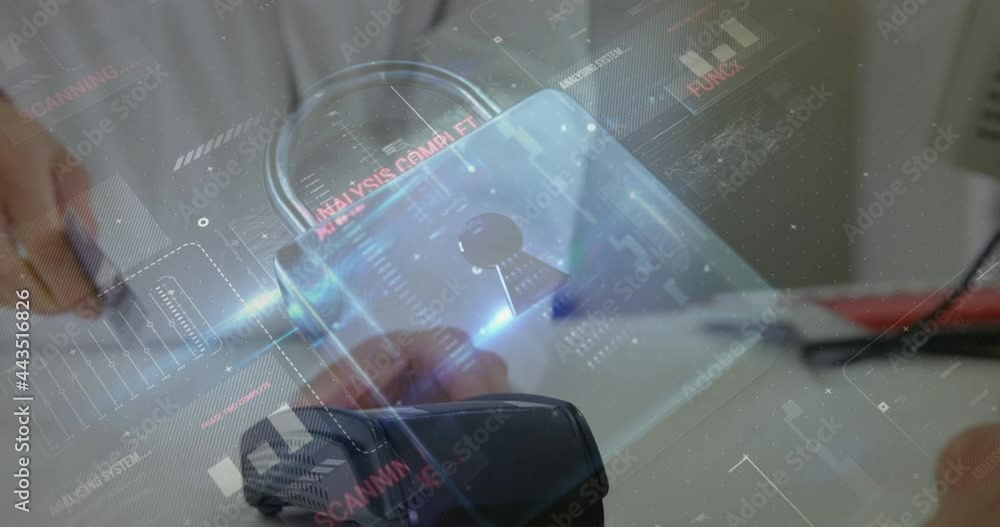 Poster animation of network security padlock over people using payment terminal
