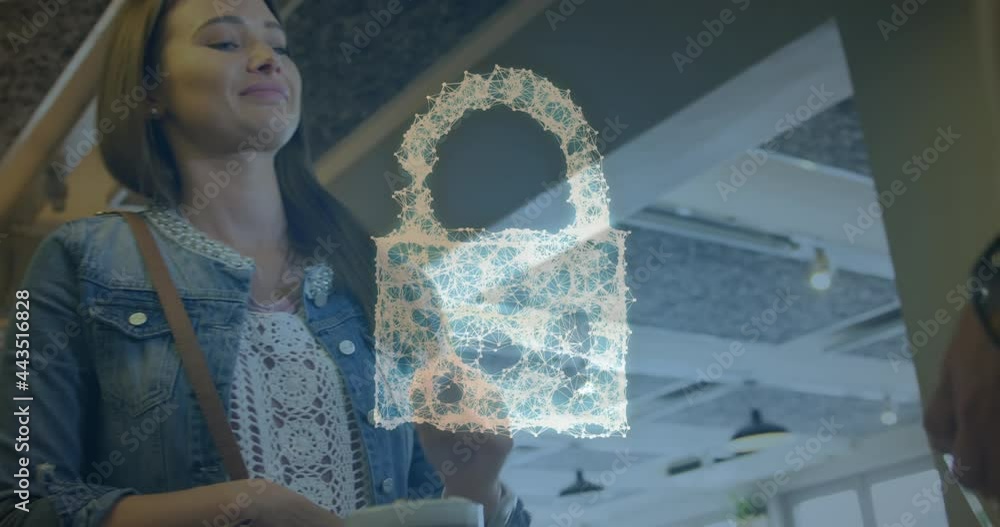 Poster animation of network security padlock over people using payment terminal