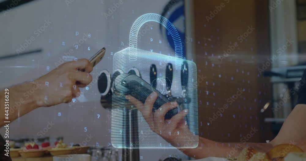 Aufkleber animation of network security padlock over people using payment terminal