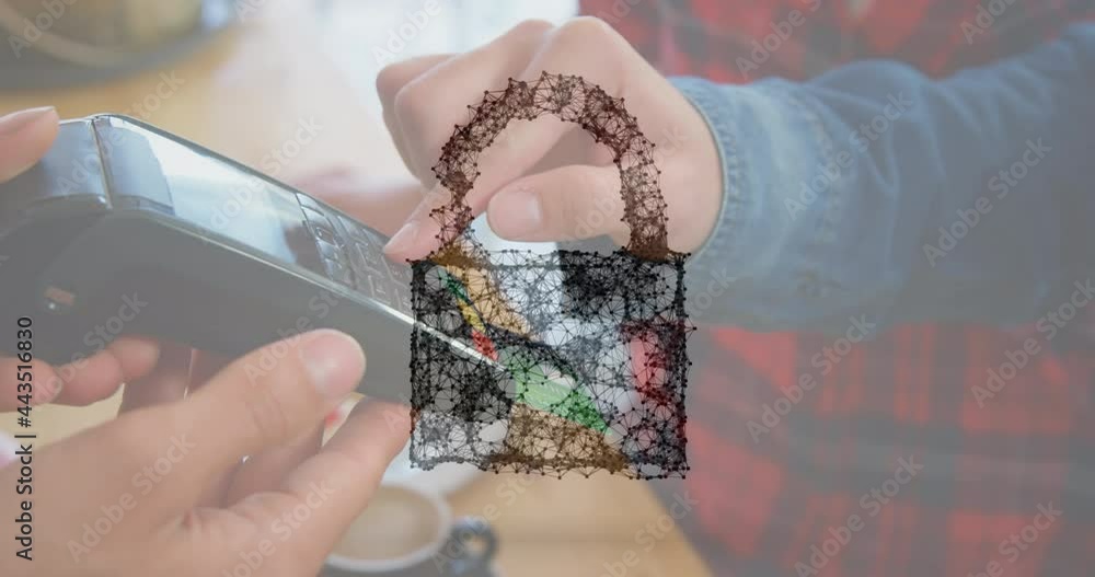 Poster animation of network security padlock over people using payment terminal
