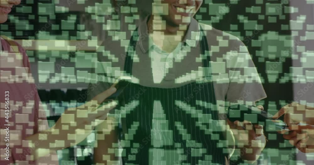 Poster animation of network security padlock over people using payment terminal