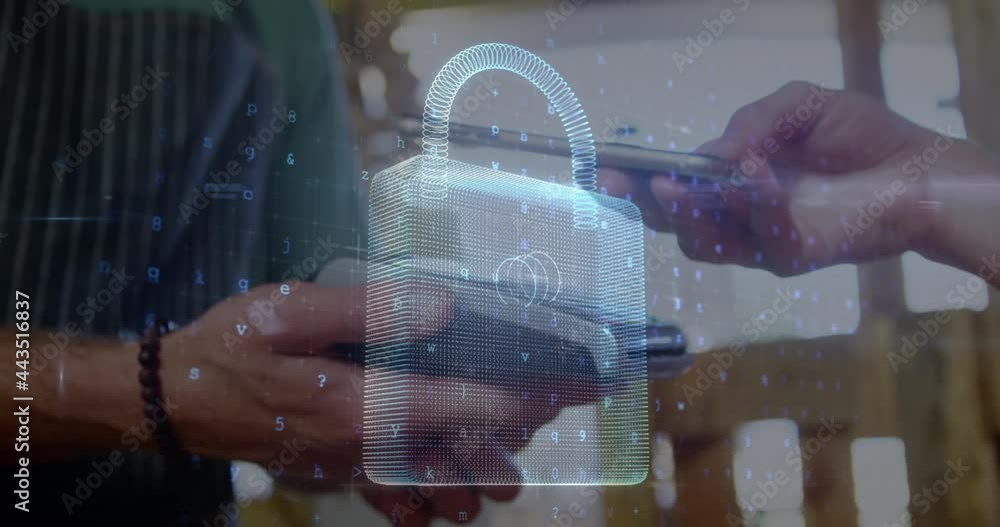 Poster animation of network security padlock over people using payment terminal