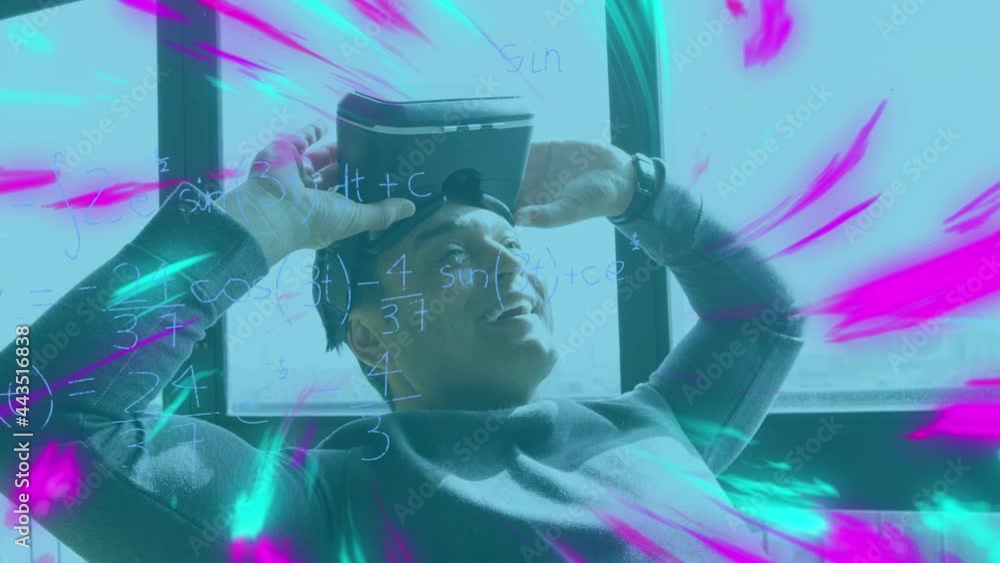 Aufkleber animation of mathematical formulas over businessman using vr headset