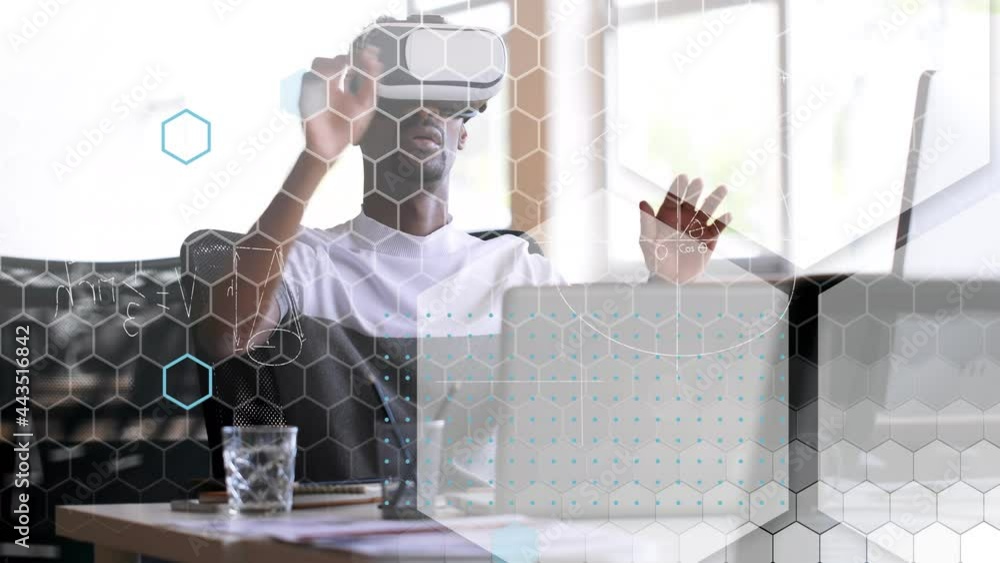 Poster animation of mathematical formulas over businessman using vr headset